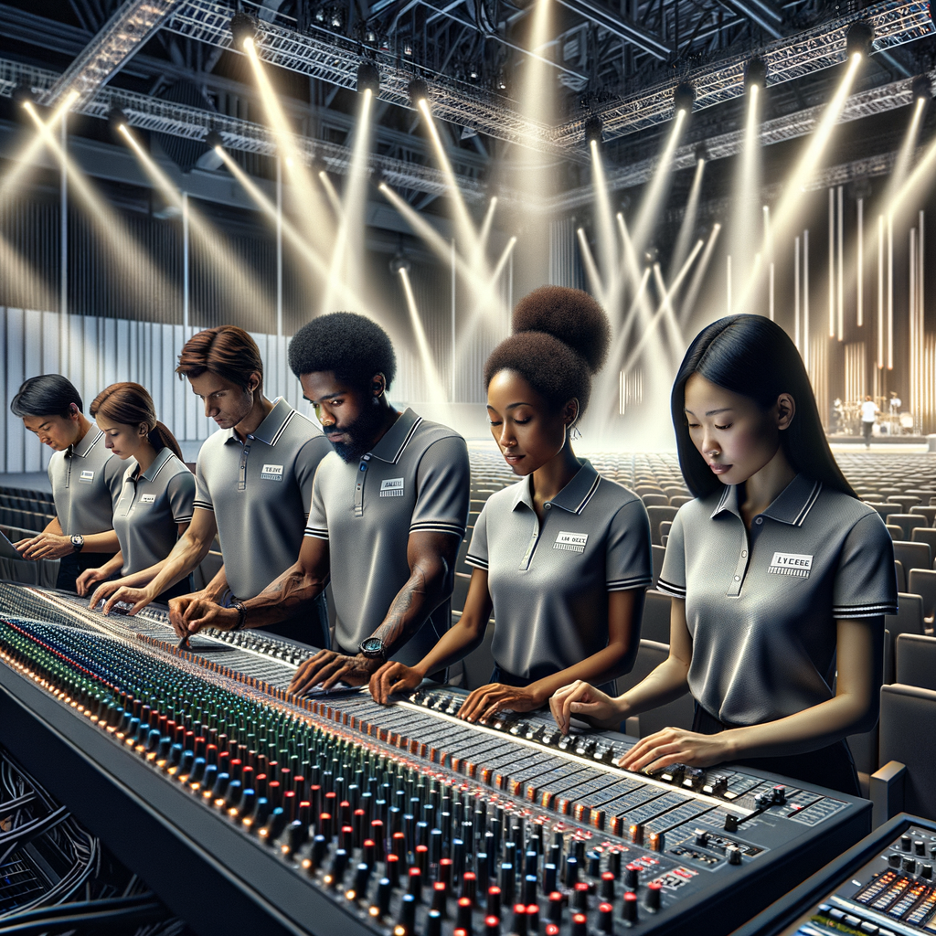 AV technicians setting up audiovisual equipment at corporate conference venue