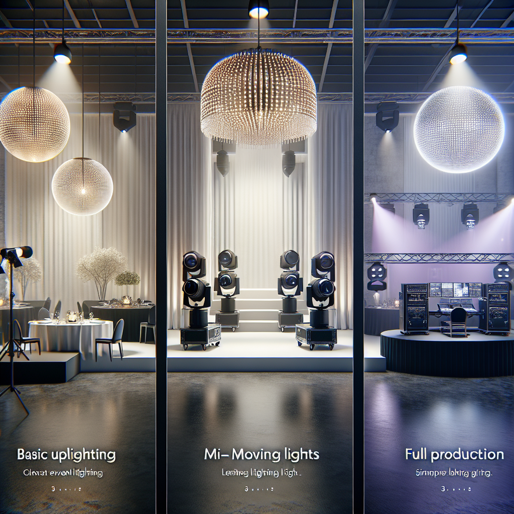 Event lighting package comparison display showing basic, mid-tier and premium production setups