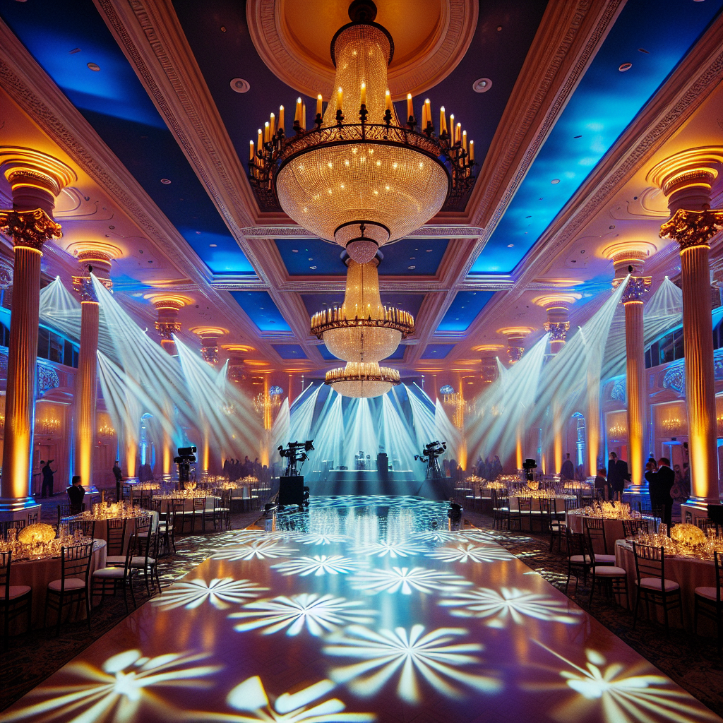 Professional event lighting installation with uplighting and gobo patterns