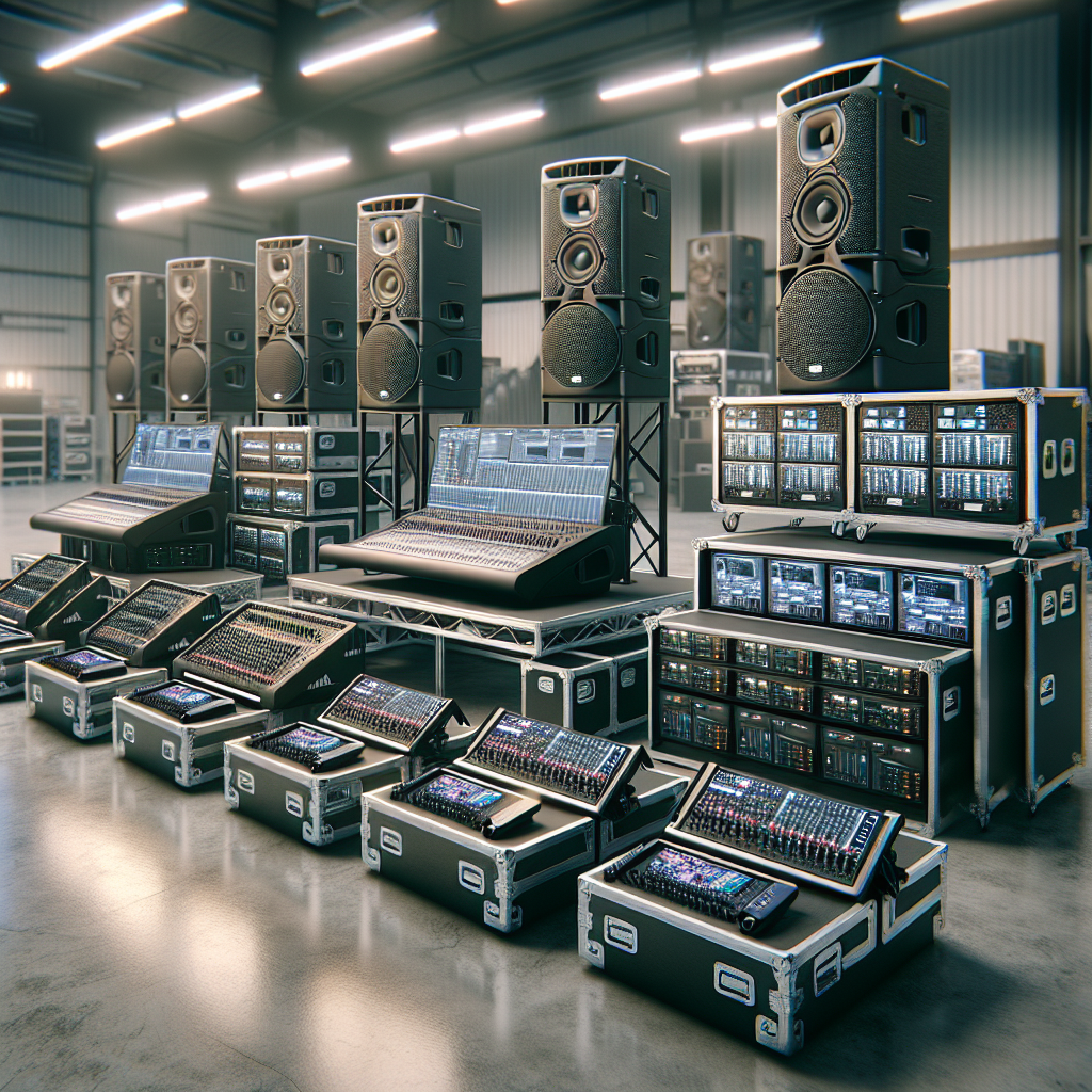 Professional AV rental equipment display including speakers and mixing consoles